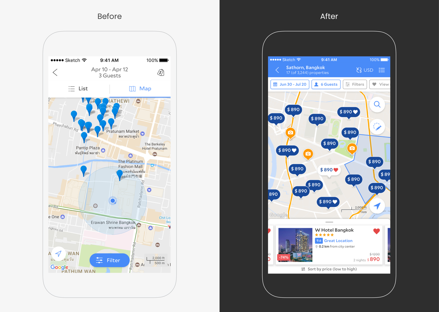 Agoda Maps app before and after the redesign