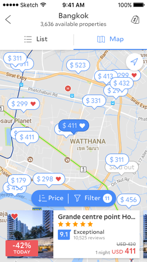 Test: shared sort and filter, price pin, favorites